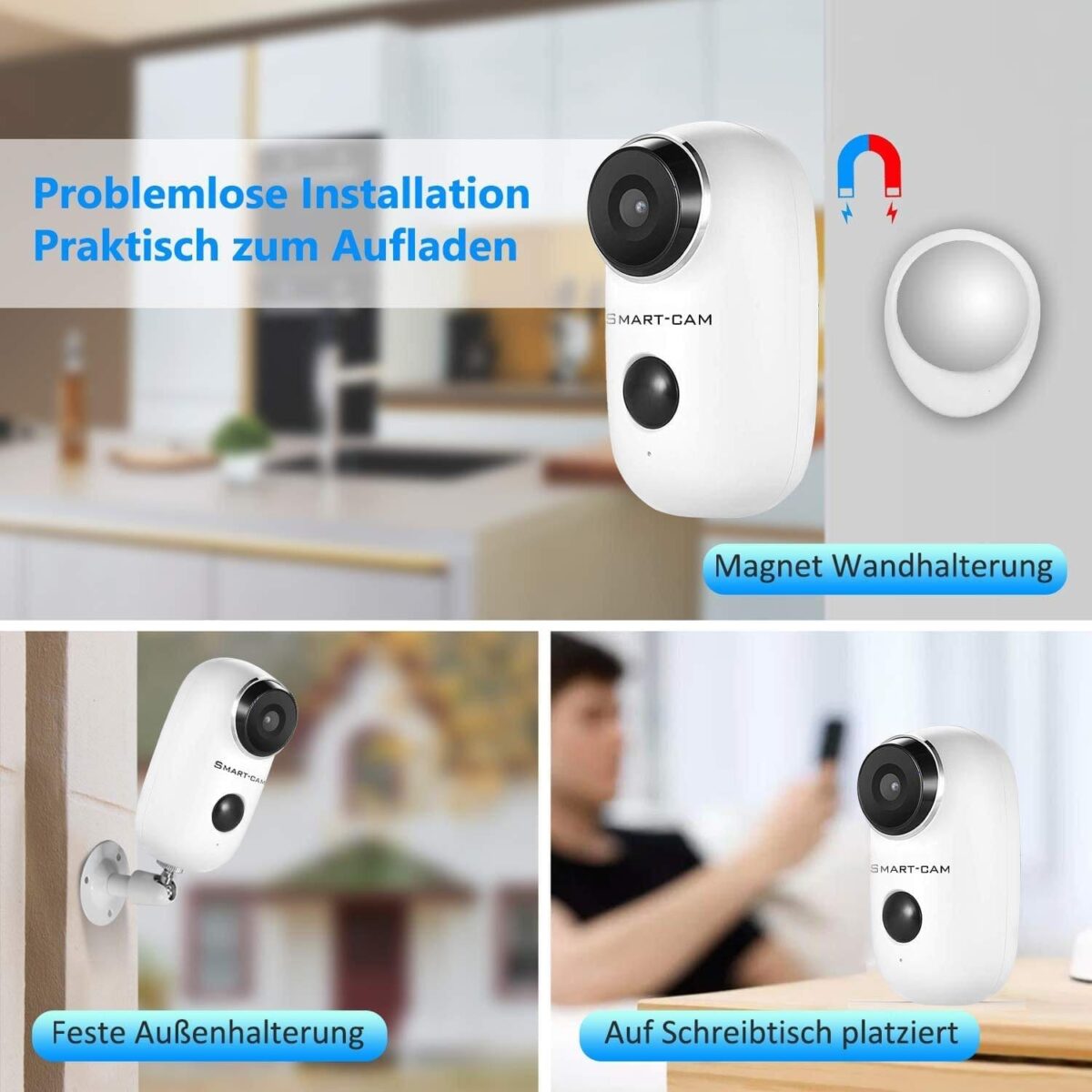 Full HD Akku WLAN Überwachungskamera 100% Kabellos mit PIR Bewegungsmelder, Push Alarme, 2-Wege-Audio, IR Nachtsicht, IP65 Wasserdicht + Gratis 32GB SD-Karte – Bild 2