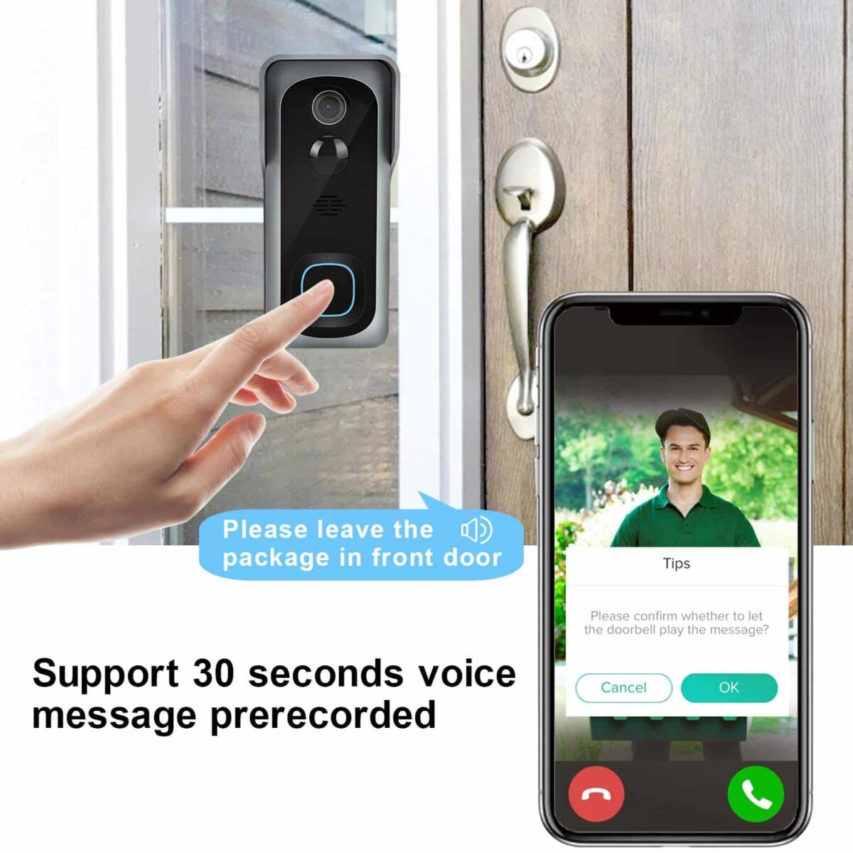 Türklingel mit Kamera 1080P HD Video Türklingel WiIFi kamera mit Video Türsprechanlage,IP65 Wasserdicht, 30 Sekunden Sprachnachricht, PIR Bewegungsüberwachung, WLAN 2.4G Smart APP Fernbedienung – Bild 2