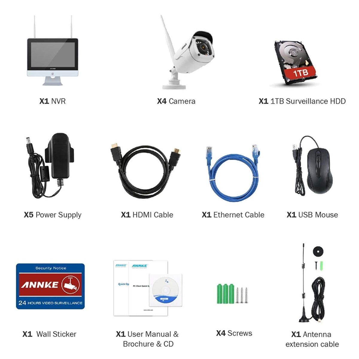 Überwachungskamera Set mit Monitor 4CH 12 Zoll Funk NVR Überwachungssystem mit 4x 2.0 Megapixel WLAN IP Kamera Vorinstalliert 1TB Festplatte für Innen/Aussen – Bild 2