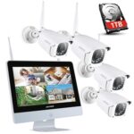 Überwachungskamera Set mit Monitor 4CH 12 Zoll Funk NVR Überwachungssystem mit 4x 2.0 Megapixel WLAN IP Kamera Vorinstalliert 1TB Festplatte für Innen/Aussen