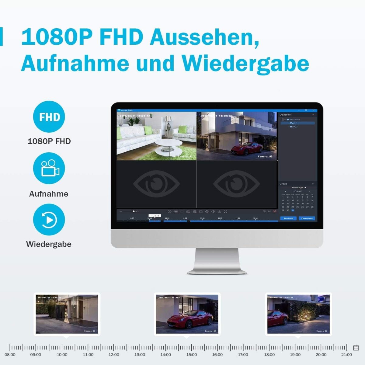 Full HD Wireless Audio Video NVR Haus Überwachungskamera System mit 2 Aussen/Innen 1080P Kameras, Funk Überwachungssystem, Zwei-Wege-Audio, PIR Bewegungsmelder, TF-Slot bis 128G – Bild 4