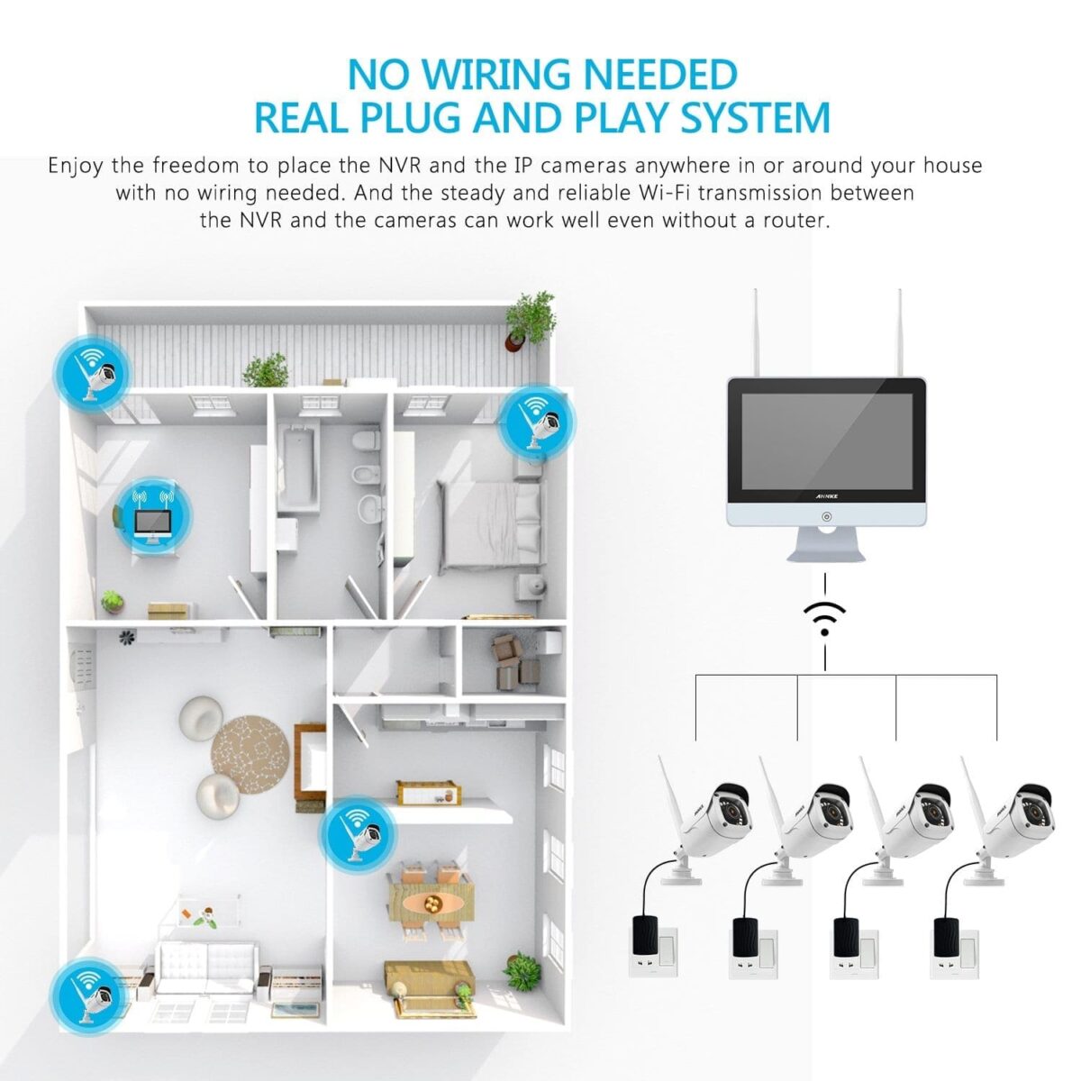 Überwachungskamera Set mit Monitor 4CH 12 Zoll Funk NVR Überwachungssystem mit 4x 2.0 Megapixel WLAN IP Kamera Vorinstalliert 1TB Festplatte für Innen/Aussen – Bild 4