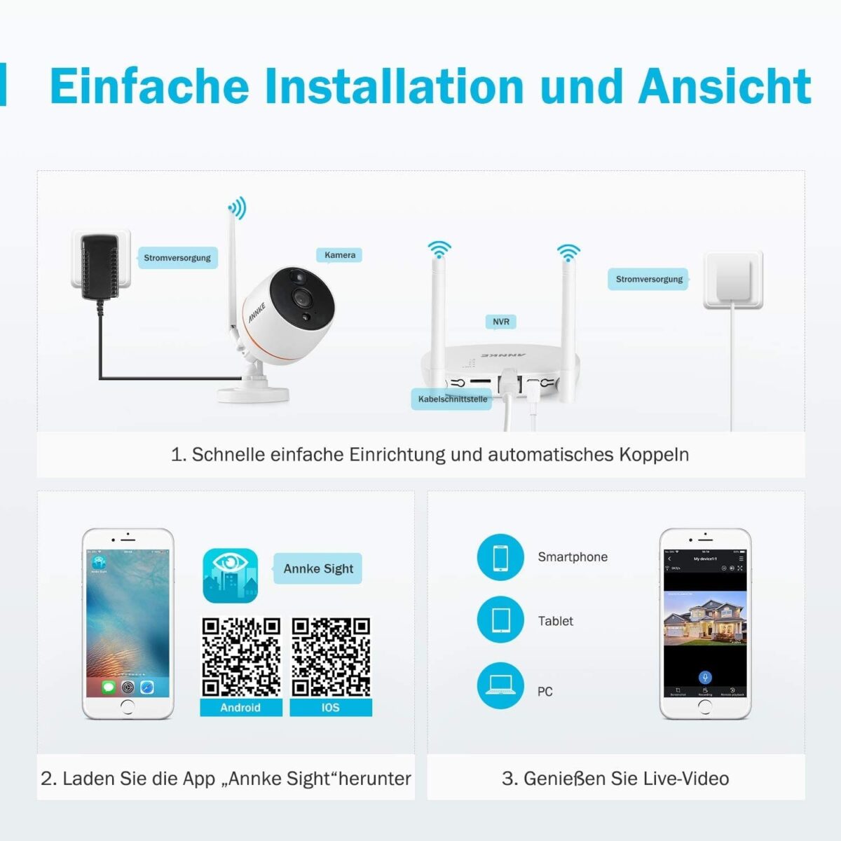 Full HD Wireless Audio Video NVR Haus Überwachungskamera System mit 2 Aussen/Innen 1080P Kameras, Funk Überwachungssystem, Zwei-Wege-Audio, PIR Bewegungsmelder, TF-Slot bis 128G – Bild 3