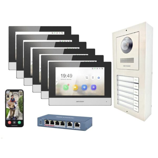Hikvision Video Türsprechanlage Edelstahl (PoE) Aufputz komplett-Set für 6 Familienhaus