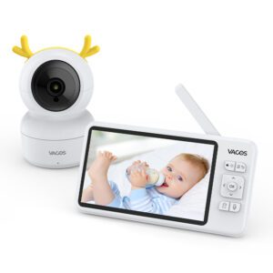 Babyphone mit Kamera und Audio, 720P 5'' Farb-LCD 4000mAh Akku, SD-Kartenslot, Temperatur- & Bewegungs- & Geräuschalarm, Remote-PTZ, Infrarot-Nachtsicht, 2-Wege-Audio, VOX,