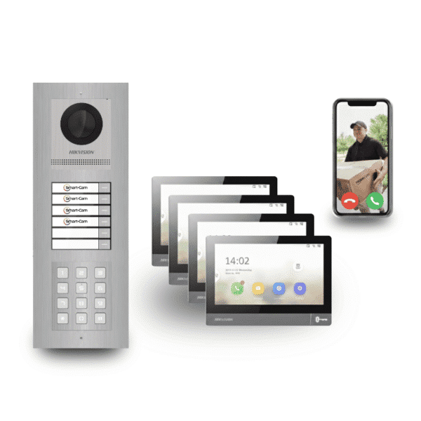 Video-Türsprechanlage 4-Familienhaus Zahlencode Hikvision Komplett-Set