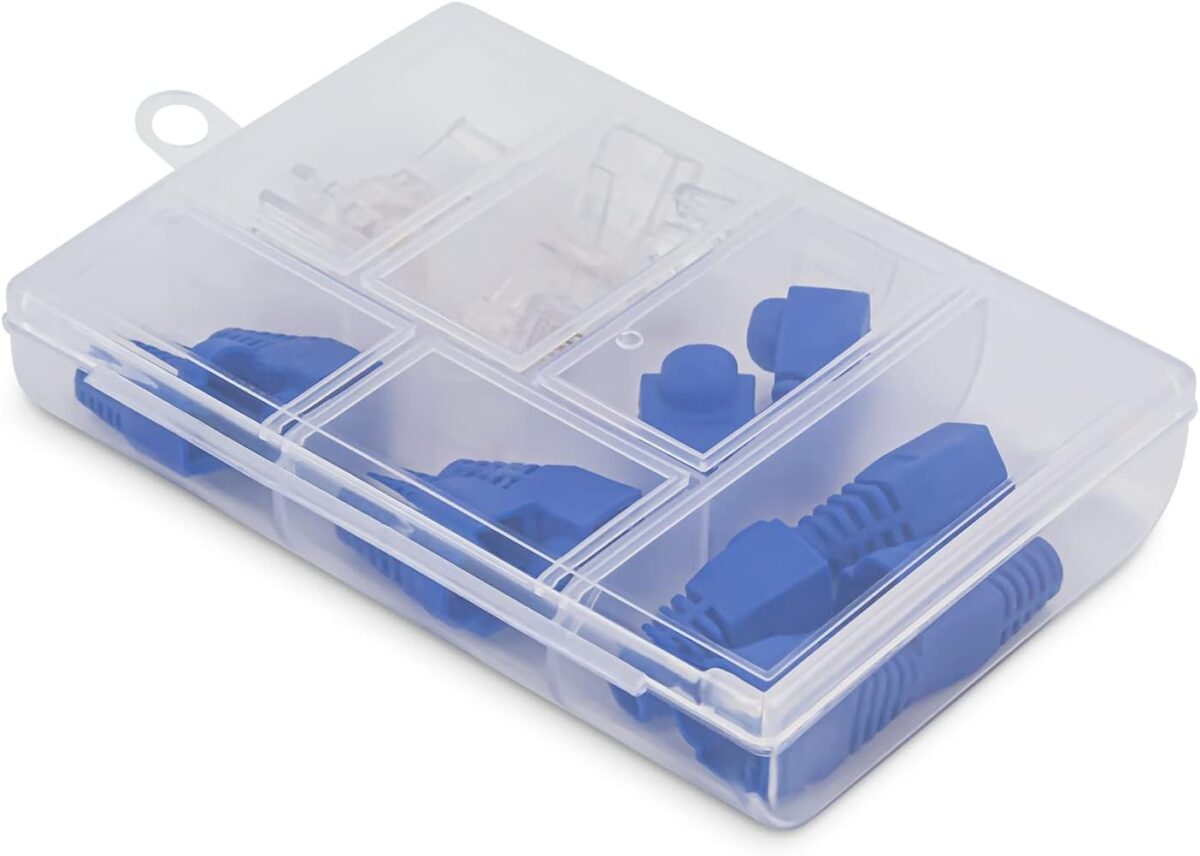 RJ45-Stecker und Knickschutz-Tüllen in Sortierbox