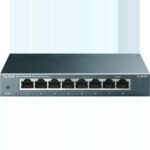 Schwarzblauer Metall-Switch mit acht RJ45-Buchsen und Betriebsanzeige