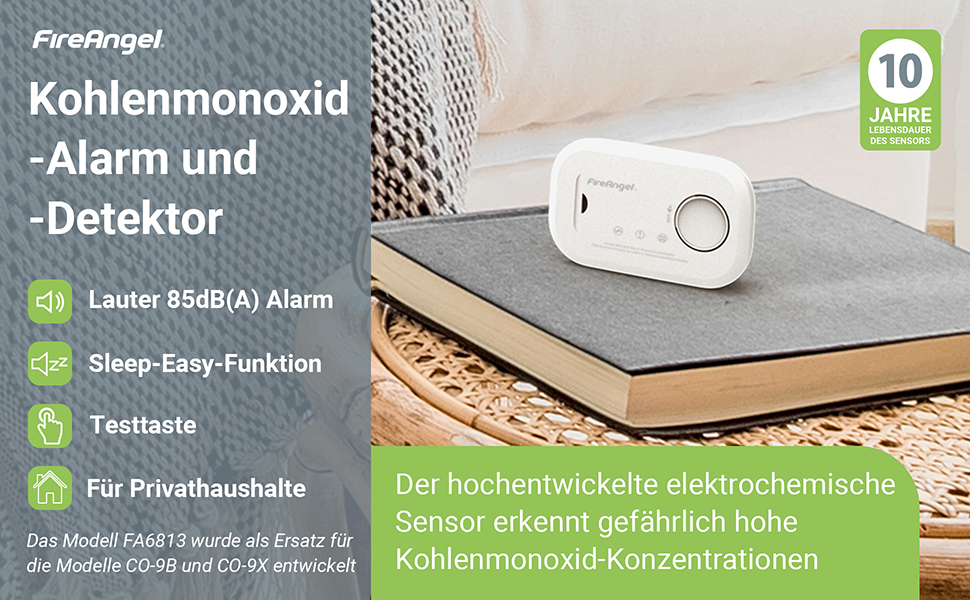 FireAngel FA6813 Kohlenmonoxidmelder in Weiss mit grosser Testtaste und roter CO-Anzeige – Detail 1