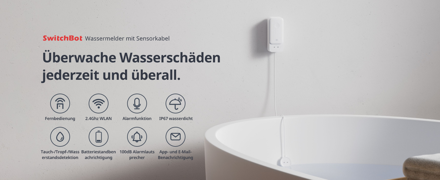 SwitchBot Wassermelder in Weiss mit einem Meter langem Sensorkabel und Sonde – Detail 1