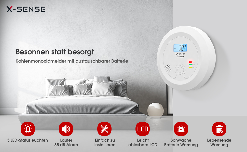 X-Sense CO03B Kohlenmonoxidmelder mit hinterleuchtetem LCD und Prüftaste – Detail 1