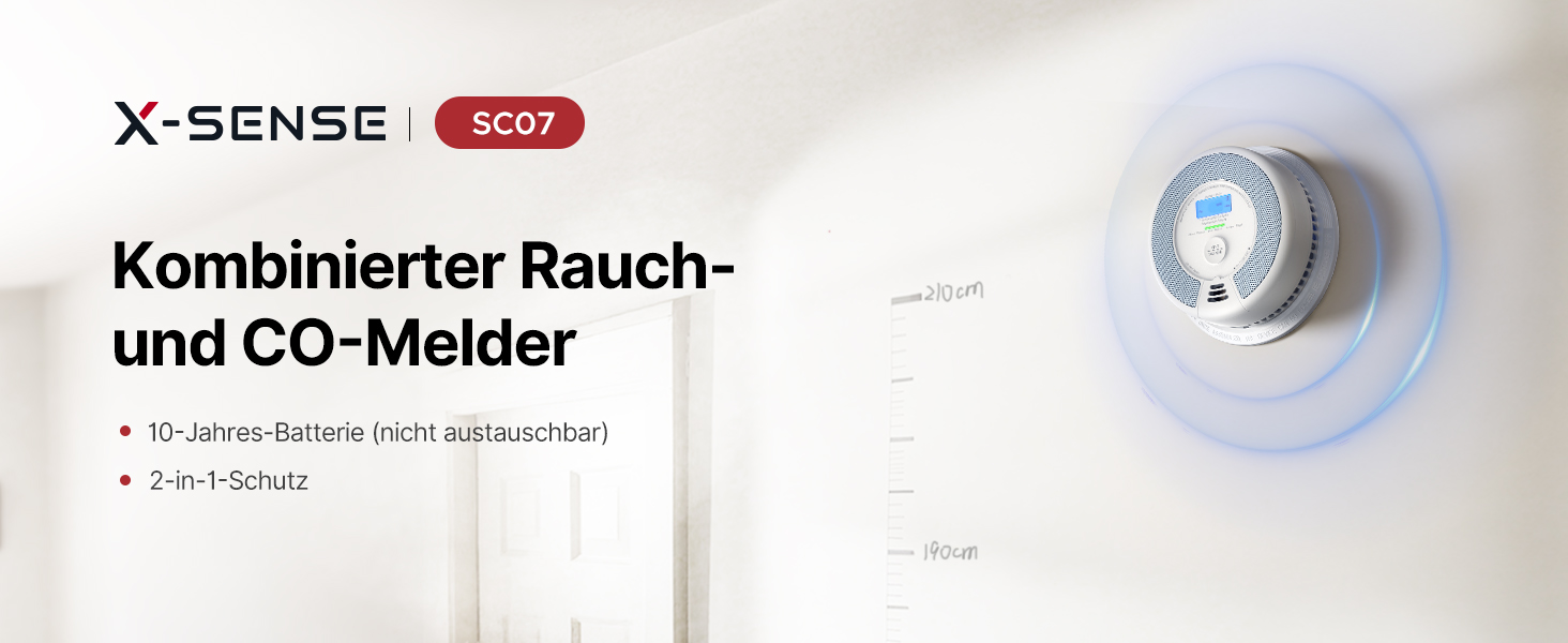 X-Sense SC07 Rauch- und Kohlenmonoxidmelder mit LCD-Anzeige, Frontansicht – Detail 1