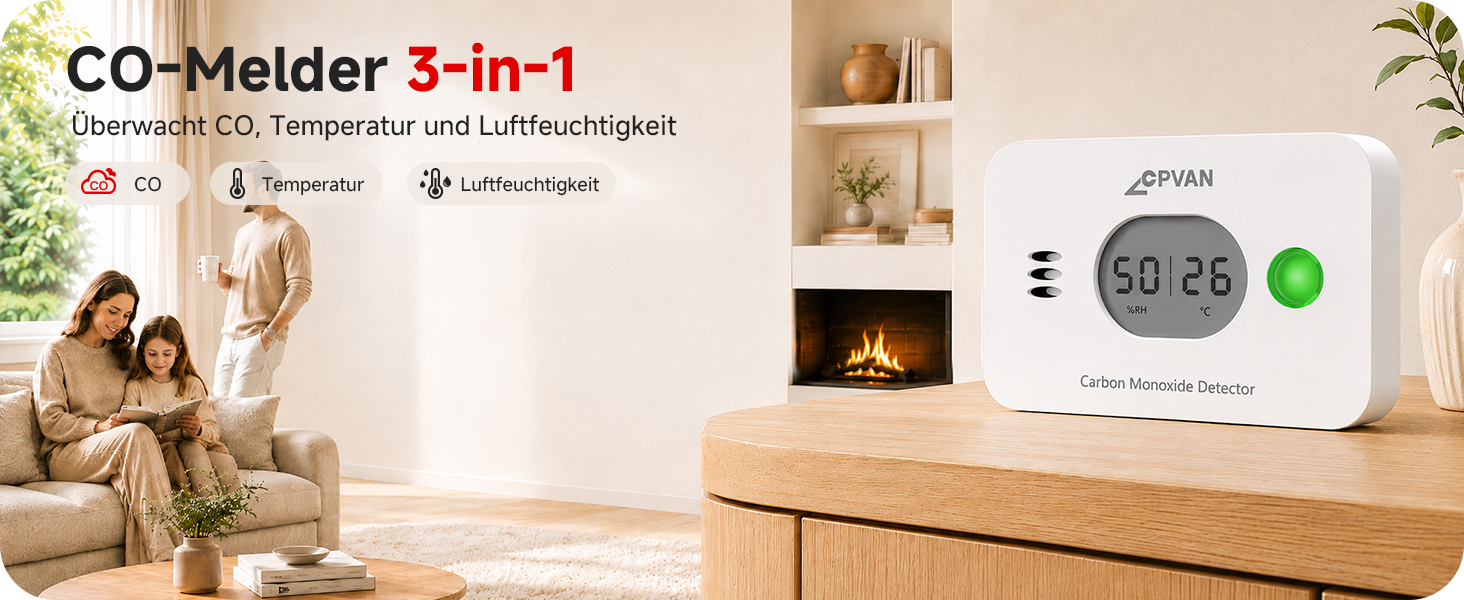 CPVAN COS-X3 plus Kohlenmonoxidmelder mit Anzeige von CO-Wert, Temperatur und Luftfeuchte – Detail 1