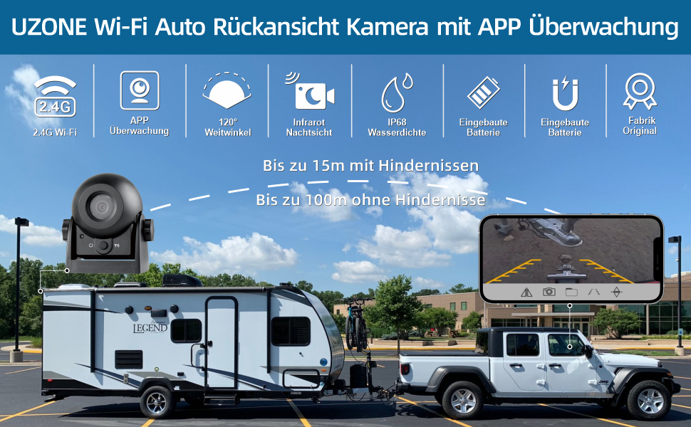 Uzone 305WF Rückfahrkamera kabellos mit Magnetfuss und Akku – Detail 1