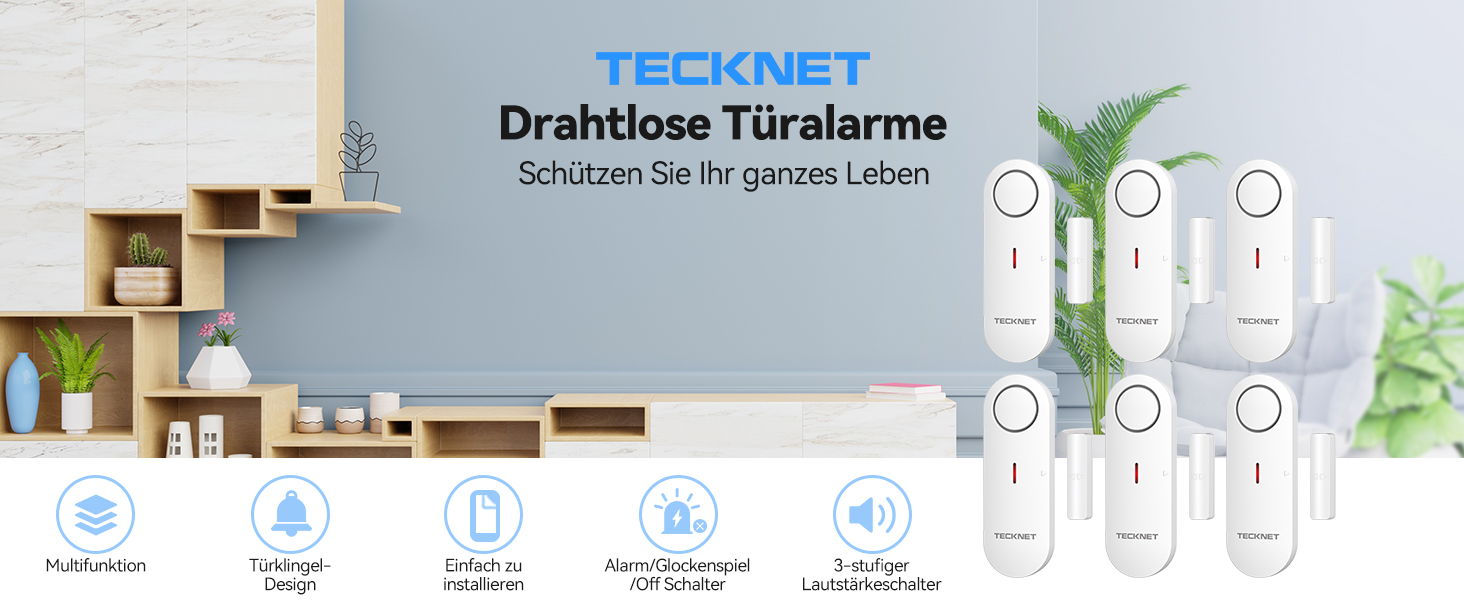 TECKNET Türalarm 6er-Set in Weiss, Kontaktmelder mit Gegenstück für Tür und Fenster – Detail 1
