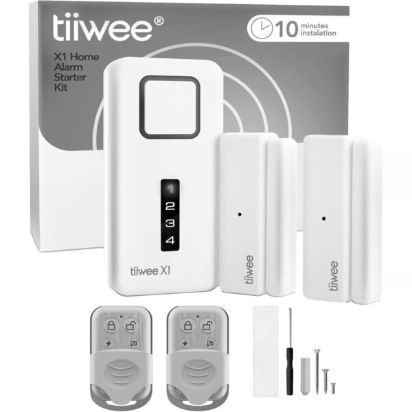 tiiwee X1 Alarmanlagen-Set mit Sirene, zwei Türsensoren und zwei Fernbedienungen