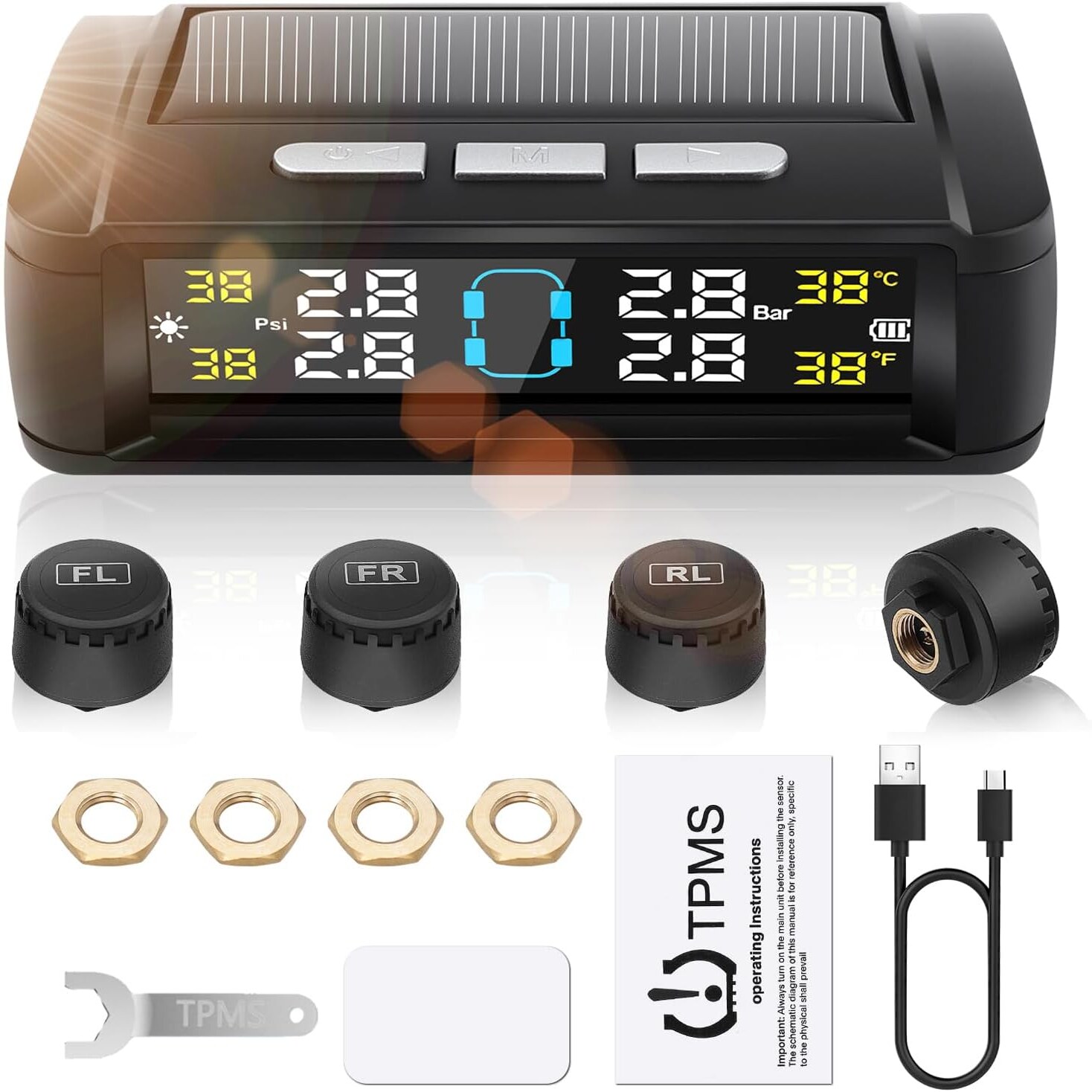 Geloo T11 Reifendruckkontrollsystem mit 4 Sensoren, Solar- und USB-Ladung, 0 bis 5 bar – Ansicht 1 Geloo T11 Reifendruckkontrollsystem mit Solarmonitor und vier Ventilsensoren
