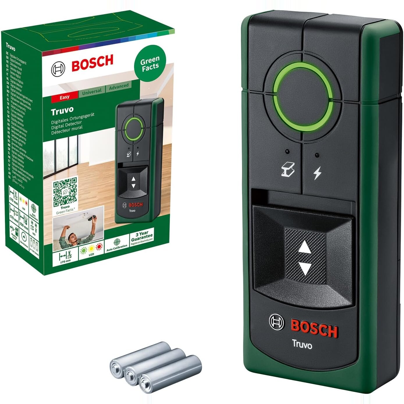Bosch Leitungssuchgerät Truvo der 2. Generation für Strom und Metall – Ansicht 1 Bosch Leitungssuchgerät Truvo der 2. Generation mit LED-Ring an einer Wand