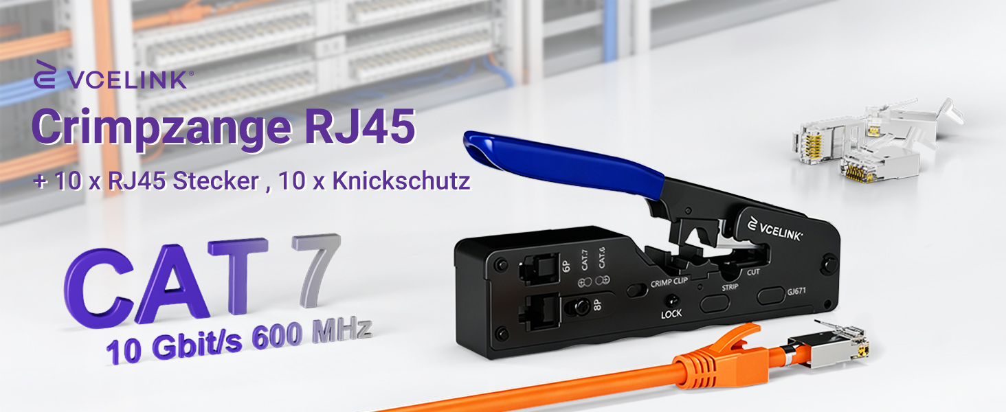 VCELINK Crimpzange für RJ45 mit Cat-7-Steckern, Knickschutztüllen und Einfädelhilfen – Detail 1