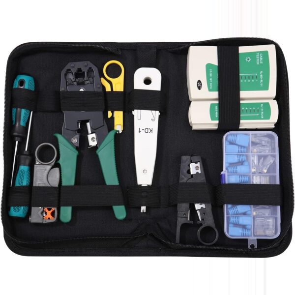 Netzwerk-Werkzeugset mit RJ45-Crimpzange, LAN-Kabeltester, Abisolierzange und Werkzeugtasche