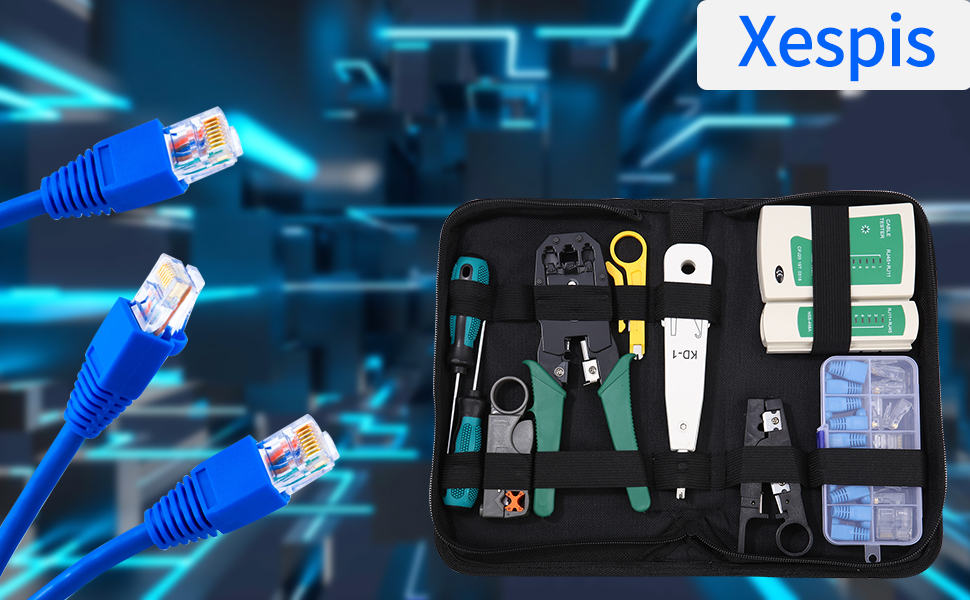 Netzwerk-Werkzeugset mit RJ45-Crimpzange, LAN-Kabeltester, Abisolierzange und Werkzeugtasche – Detail 1