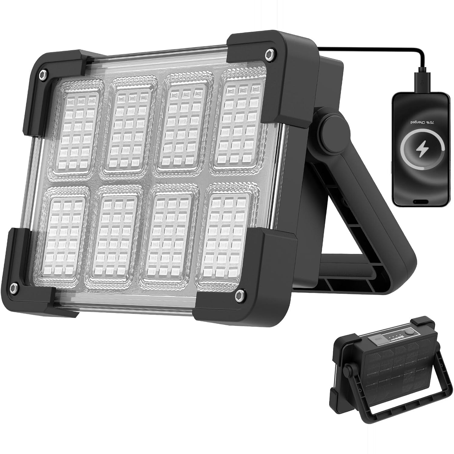 OHAYORI 8-CUP LED Baustrahler Akku, 144 LEDs, 4 Modi, Powerbank und Solarmodul – Ansicht 1 OHAYORI 8-CUP LED Baustrahler mit klappbarem Griff, Magnetsockel und USB-Anschluss
