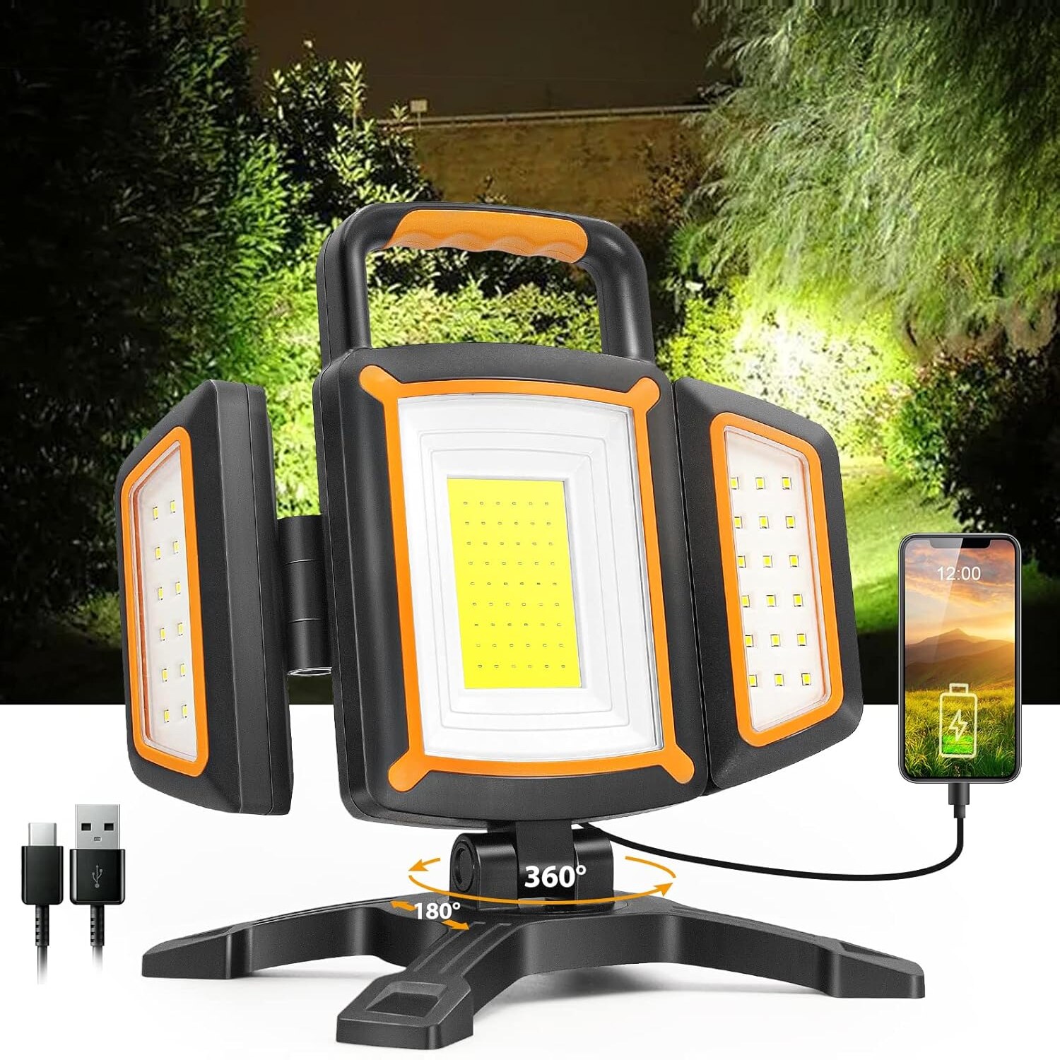 SYLSTAR WL013 LED Akku-Strahler 30 W, 3000 Lumen, 5 Modi, Magnete und Powerbank – Ansicht 1 SYLSTAR WL013 LED Akku-Strahler mit ausgeklappten Seitenlichtern und Tragegriff