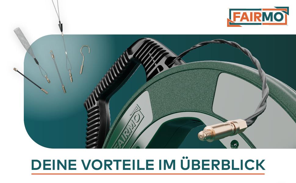 FAIRMO Einziehspirale 30 m aus PET im Kunststoffgehäuse mit fünf Adaptern und Kabelstrumpf – Detail 1