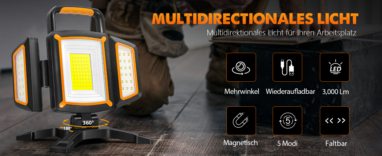 SYLSTAR WL013 LED Akku-Strahler mit ausgeklappten Seitenlichtern und Tragegriff – Detail 1
