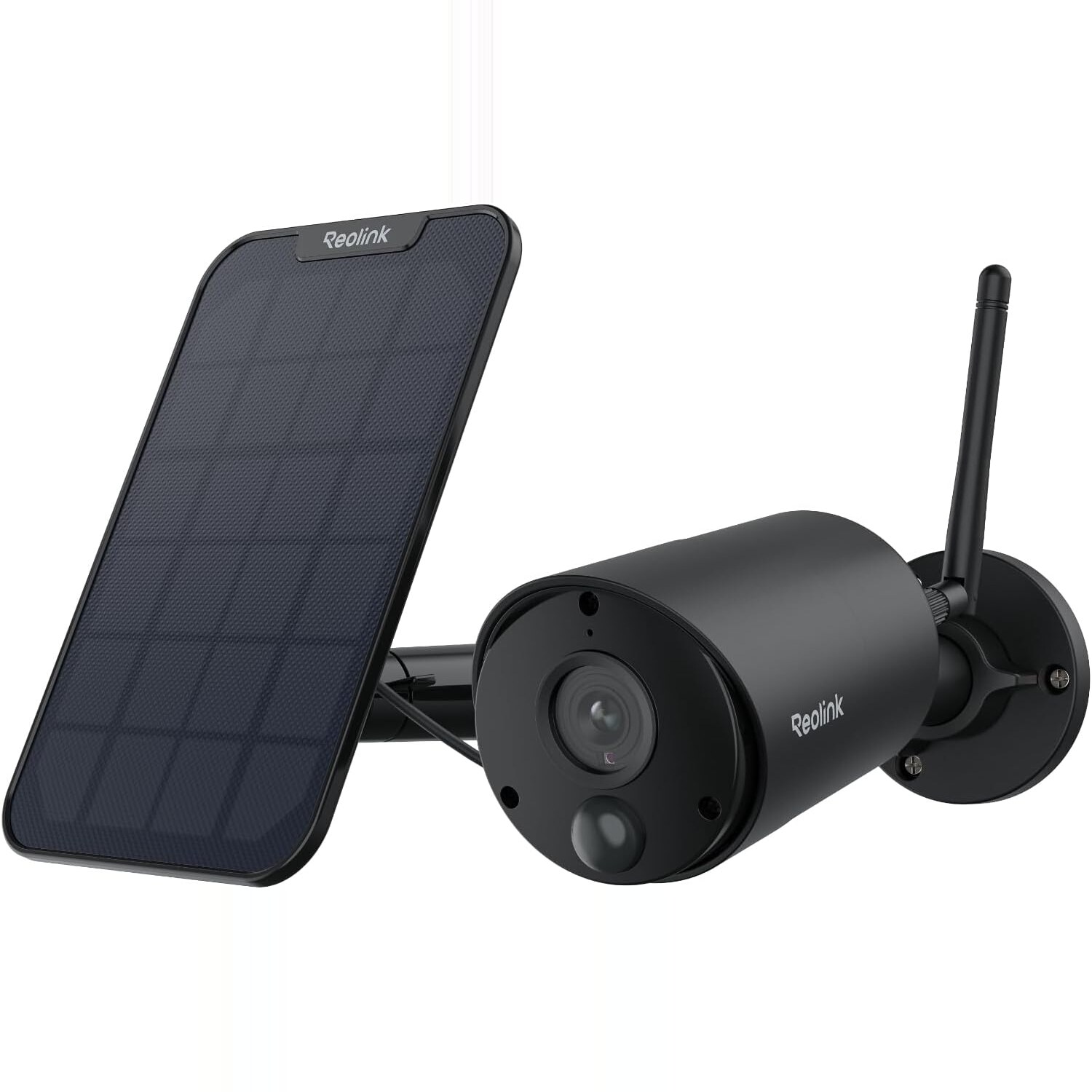 Reolink Argus Eco 5MP Akku-Überwachungskamera mit Solarpanel, WLAN, IP65 und KI-Erkennung – Ansicht 1 Reolink Argus Eco Akku-Überwachungskamera in Schwarz mit Solarpanel und Wandhalterung
