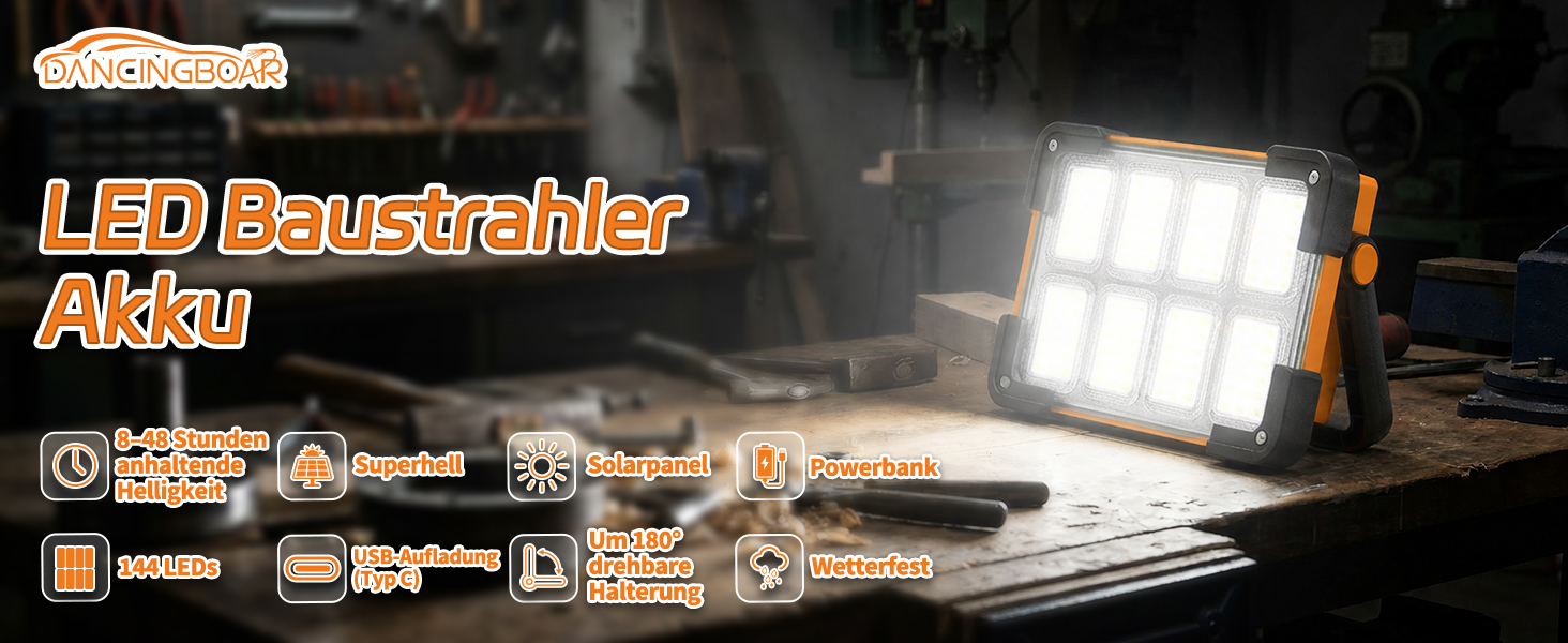 DANCINGBOAR U8CUP LED Baustrahler mit drehbarem Griff, Solarmodul und USB-Anschluss – Detail 1