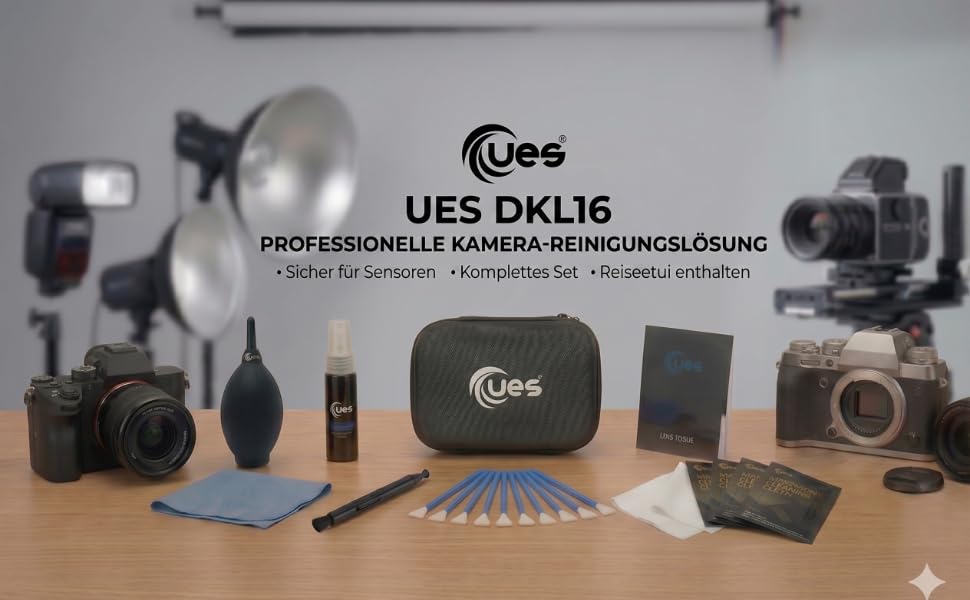 UES DKL16 Reinigungsset für APS-C-Kameras mit Sensor-Swabs, Blasebalg und Hartschalen-Etui – Detail 1