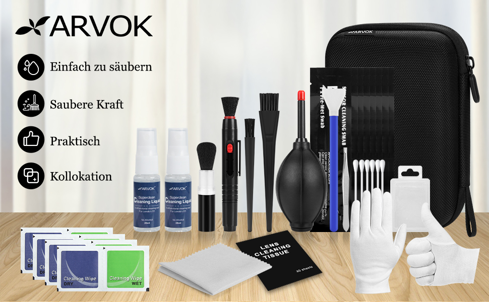 ARVOK Kamera-Reinigungsset mit 32 Teilen, Luftgebläse, Reinigungsstift, Bürsten und Aufbewahrungsbox – Detail 1