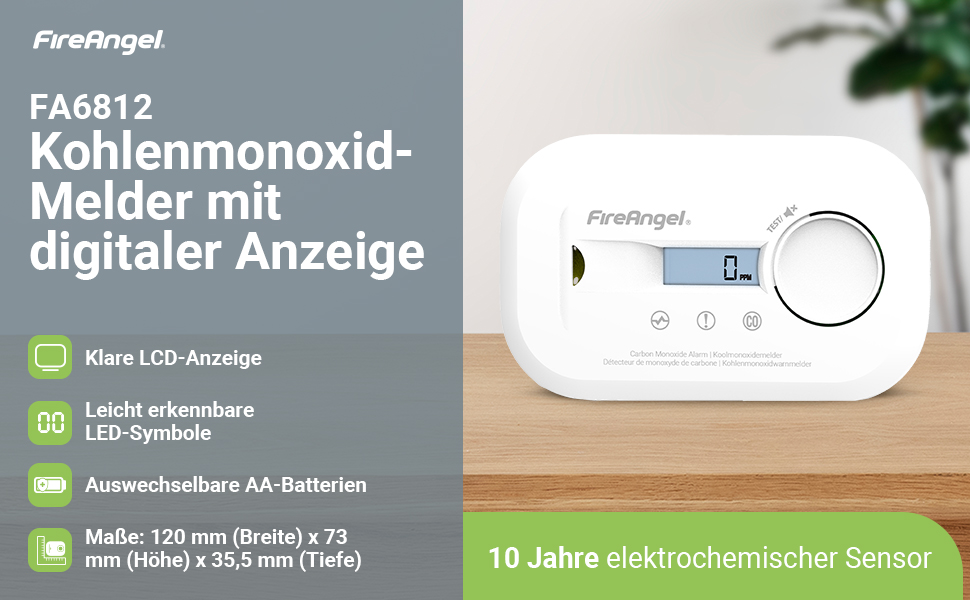 FireAngel FA6812 Kohlenmonoxid-Melder mit LCD-Display in weissem Gehäuse – Detail 1