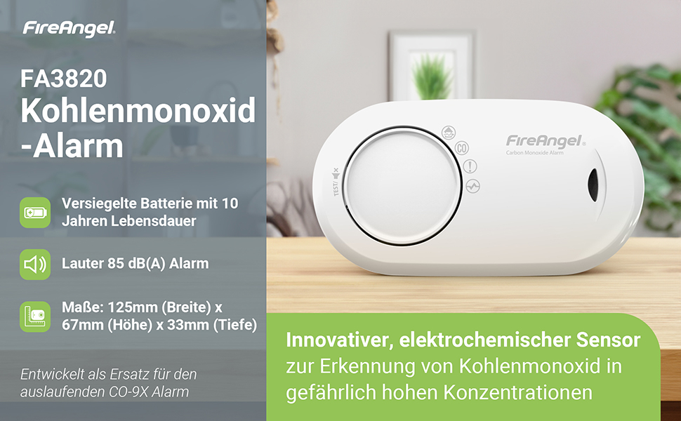 FireAngel FA3820 Kohlenmonoxidmelder in Weiss mit Testtaste und CO-Warnleuchte – Detail 1