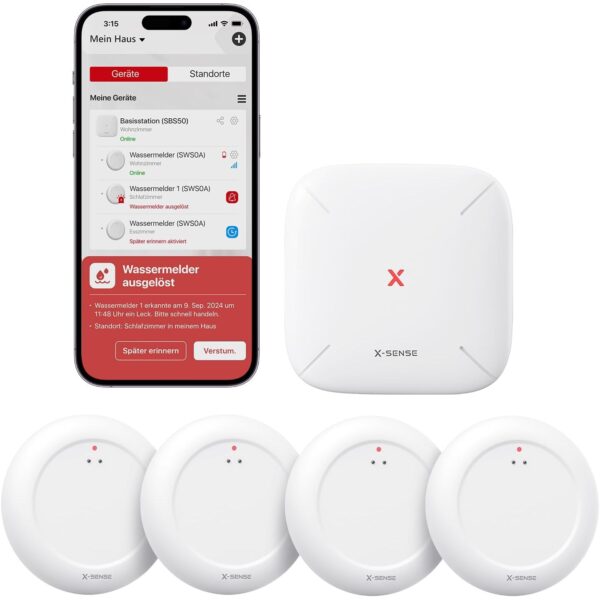 X-Sense Wassermelder-Set SWS0A41 mit vier Funksensoren und SBS50 Basisstation