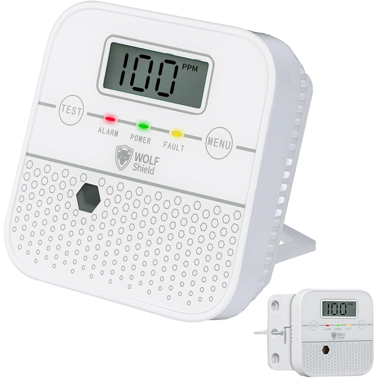 WOLF SHIELD Mini CO-Melder BJ-828 mit LCD, versiegelte 10-Jahres-Batterie, EN 50291-1:2018 – Ansicht 1 WOLF SHIELD Mini CO-Melder mit LCD-Anzeige und Standhalterung