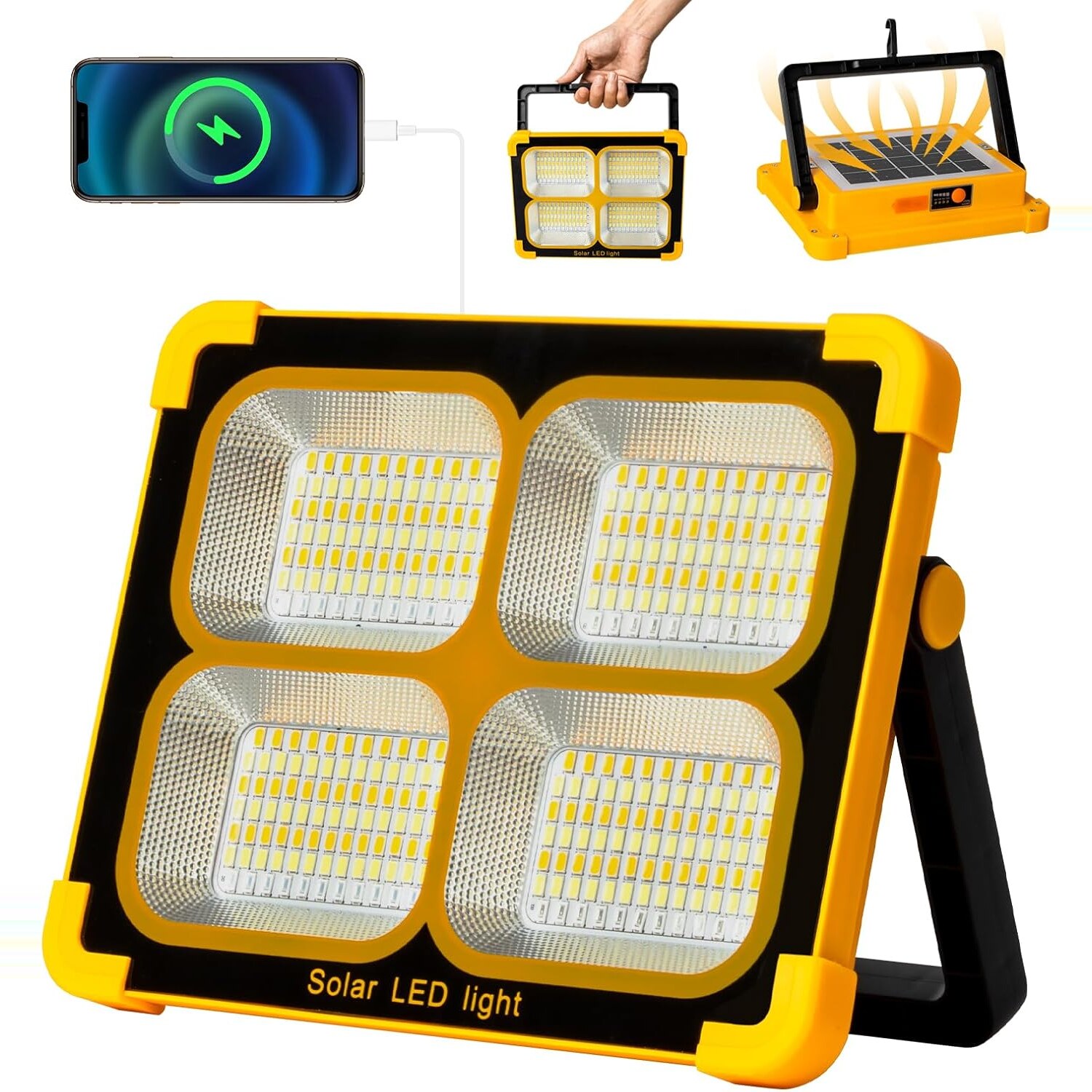 Nulmvic Akku-Baustrahler mit 348 LEDs, 12000-mAh-Akku, Solarladung, IP65 und Magnethalterung – Ansicht 1 Nulmvic Akku-Baustrahler mit LED-Fläche, Solarpanel und Gelenkbügel auf dem Boden stehend