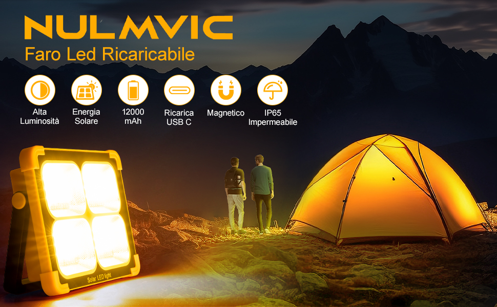 Nulmvic Akku-Baustrahler mit LED-Fläche, Solarpanel und Gelenkbügel auf dem Boden stehend – Detail 1
