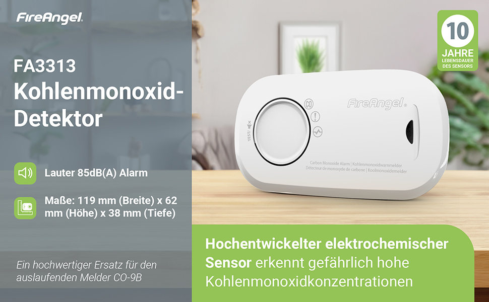 FireAngel FA3313 Kohlenmonoxidmelder in Weiss mit Display, freistehend und wandmontierbar – Detail 1