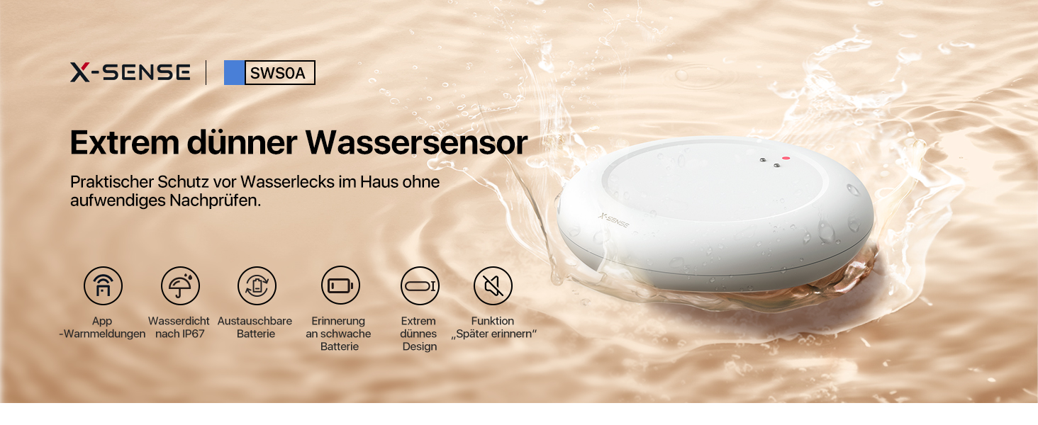 X-Sense Funk-Wassermelder SWS0A mit flachem Gehäuse und Sensorkontakten – Detail 1
