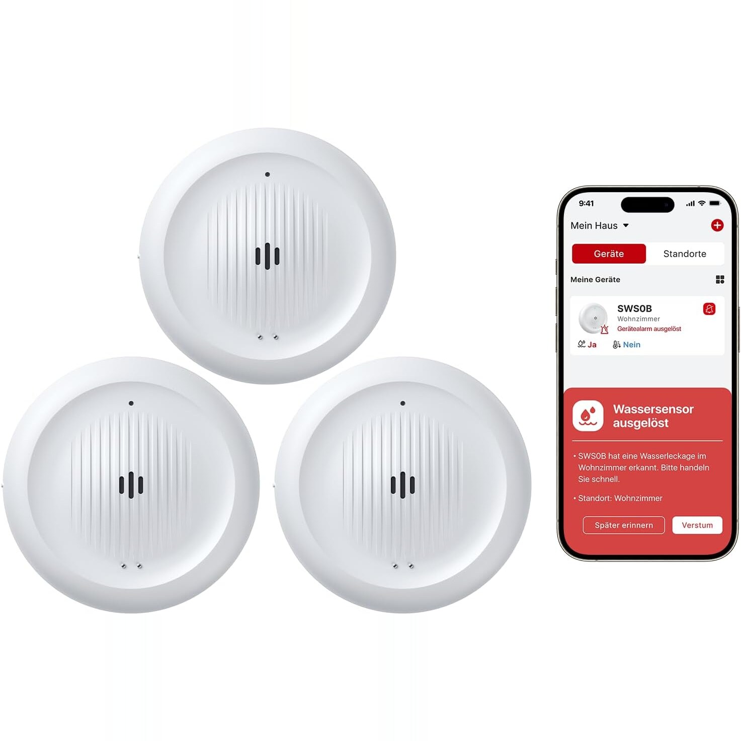 Drei X-Sense SWS0B WLAN-Wassermelder in Weiss, flach am Boden neben einer Waschmaschine