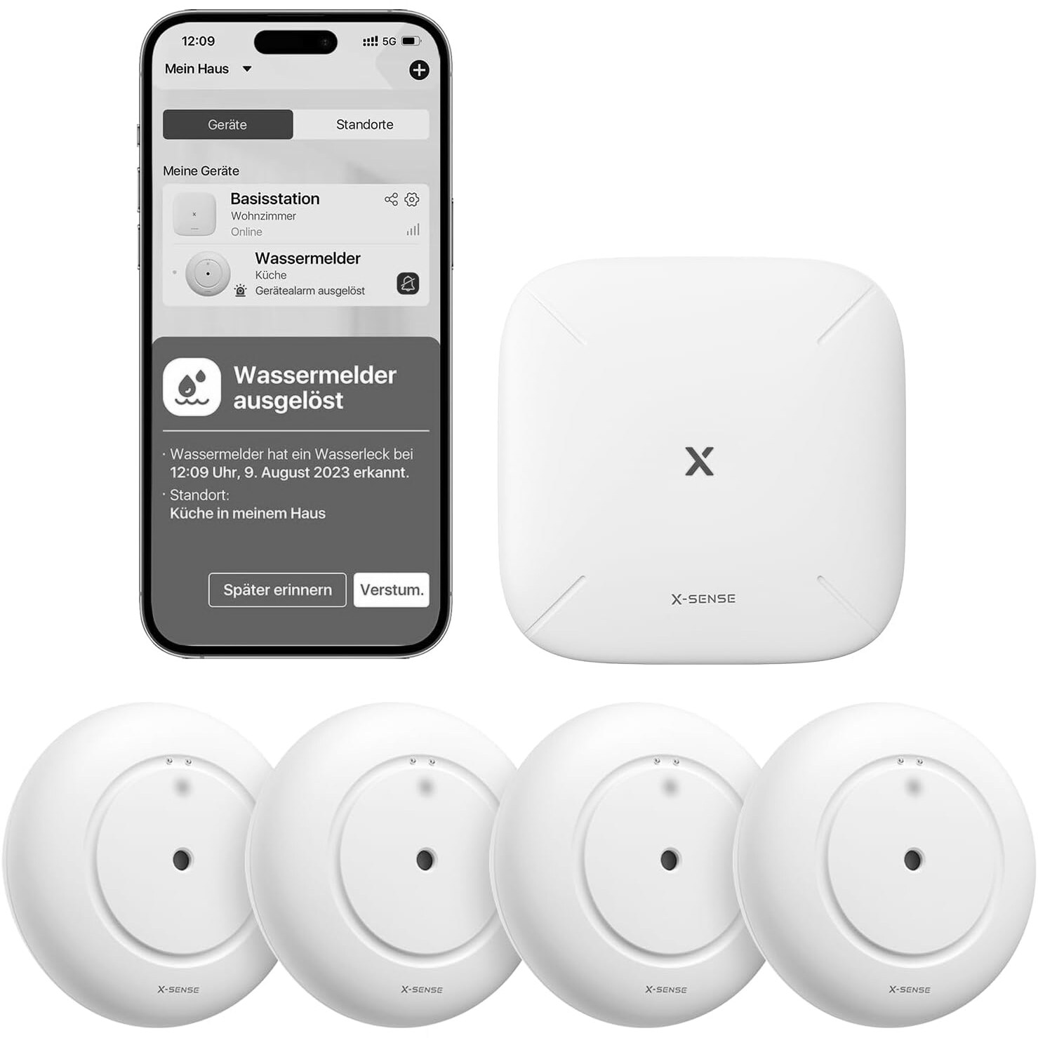 X-Sense SWS55 Wassermelder-Set mit vier Sensoren und Basisstation SBS50