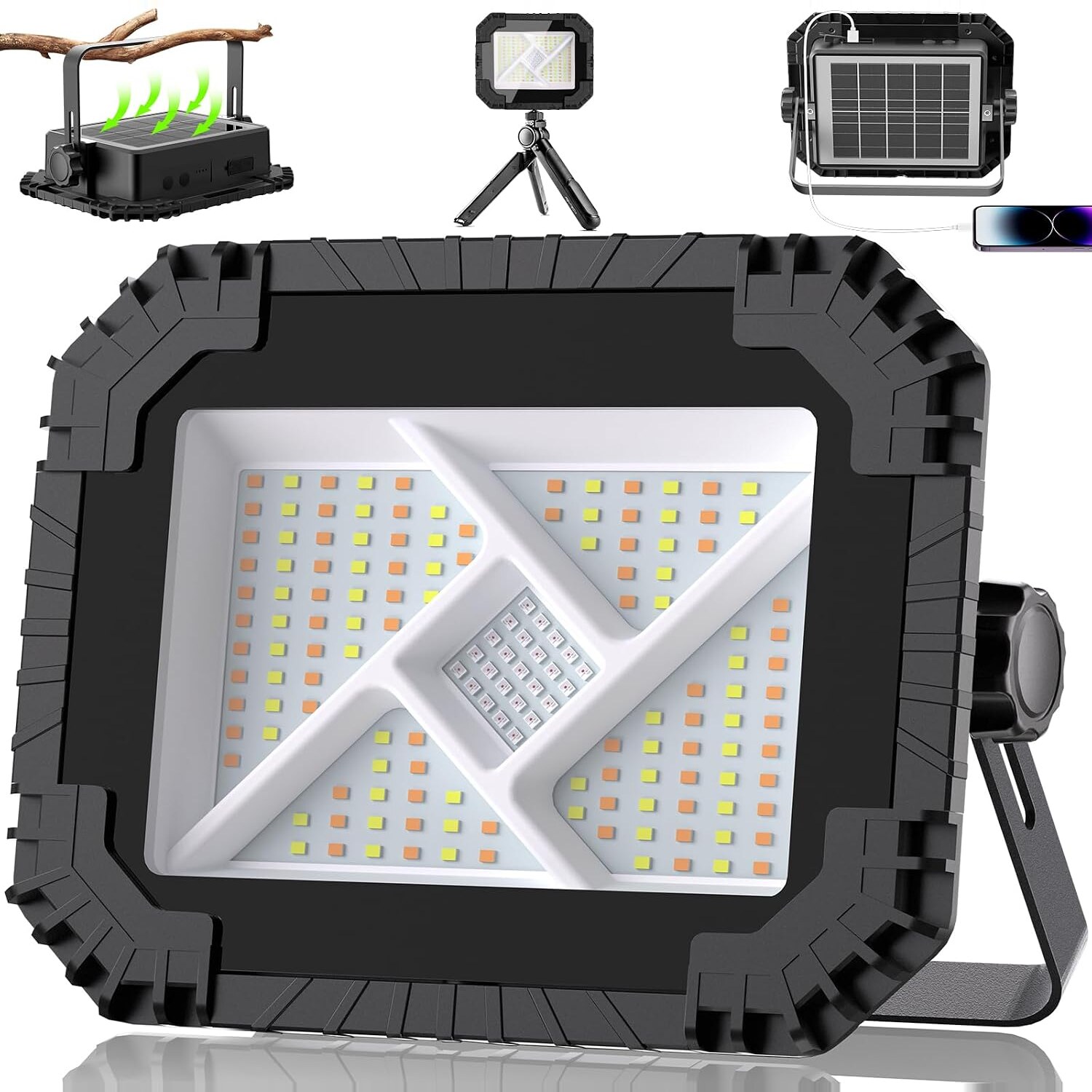 CLV LED-Akkustrahler mit 20000 mAh, 4 Lichtmodi, Magnet und Stativgewinde – Ansicht 1 CLV LED-Akkustrahler mit Solarpanel, Tragebügel und Magneten auf der Rückseite
