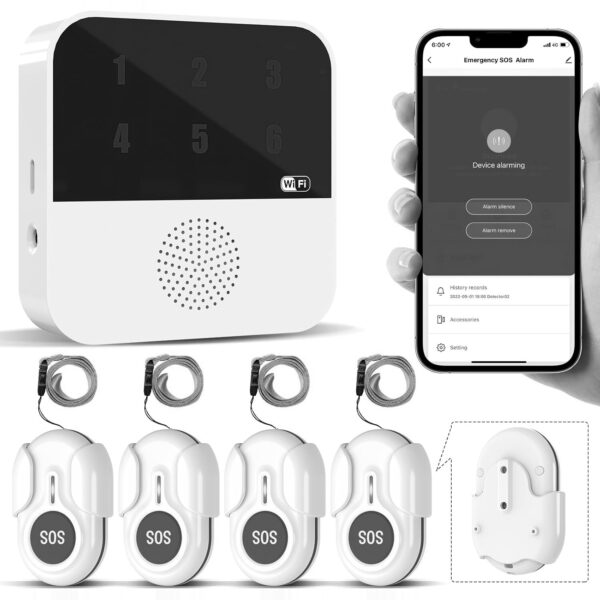 ChunHee WiFi-Notrufknopf mit weissem Empfänger und tragbarer SOS-Taste