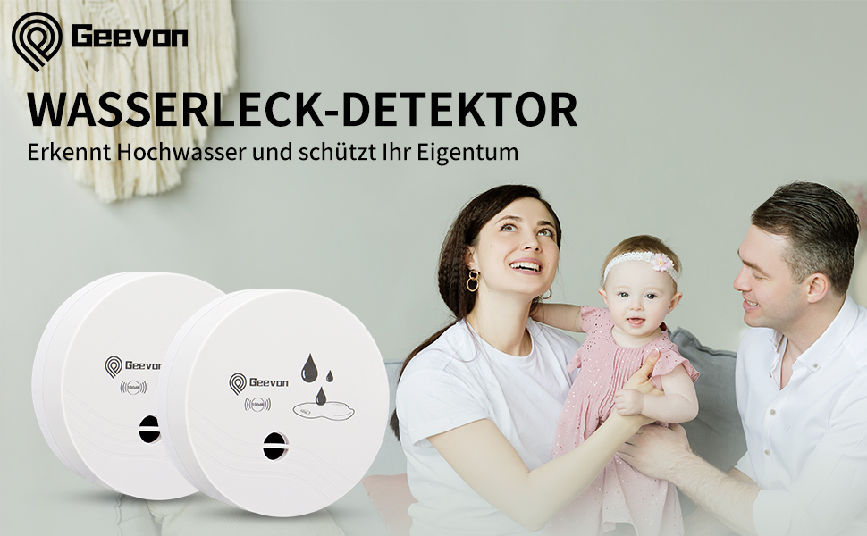 Zwei runde weisse Geevon Wassermelder mit Metallkontakten an der Unterseite – Detail 1