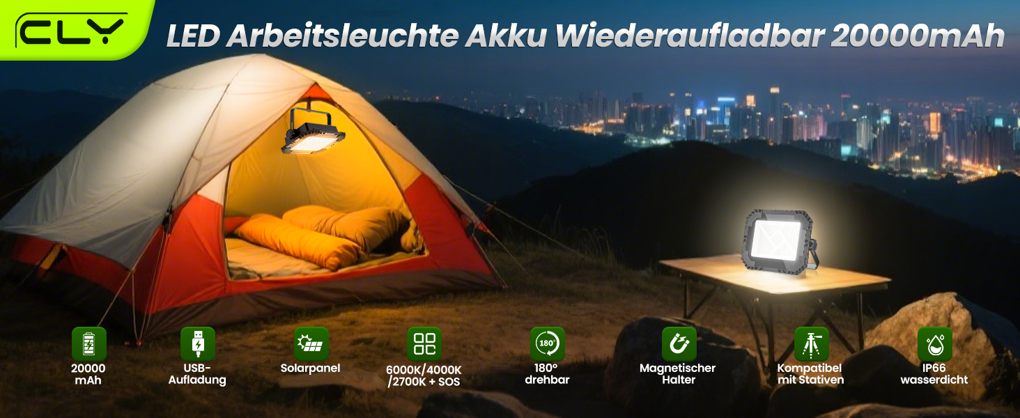 CLV LED-Akkustrahler mit Solarpanel, Tragebügel und Magneten auf der Rückseite – Detail 1