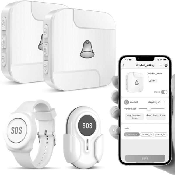 DAYTECH Notrufknopf-Set mit weissem Empfänger, Sendetaste und Handgelenkband