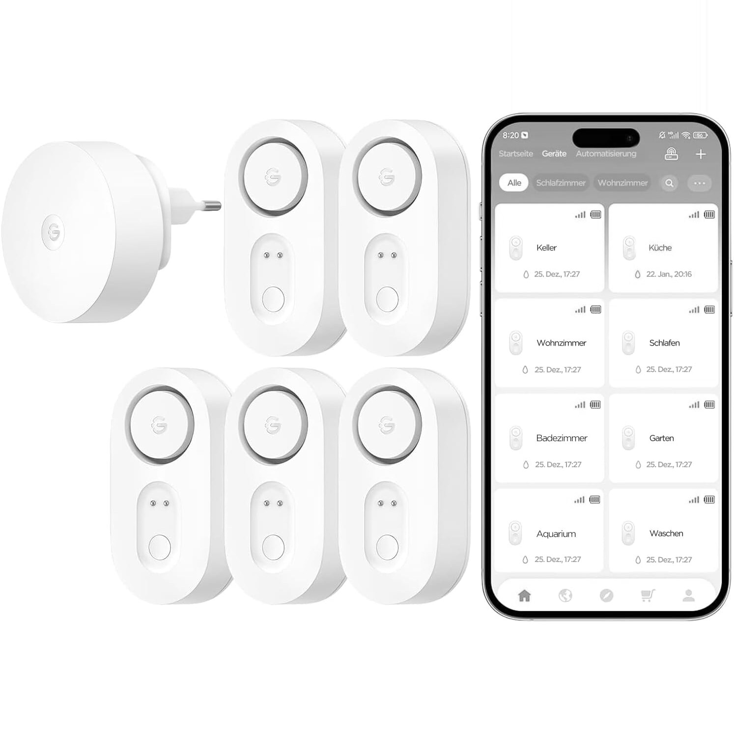 GoveeLife Wassermelder-Set mit Gateway und fünf weissen Funk-Wassersensoren