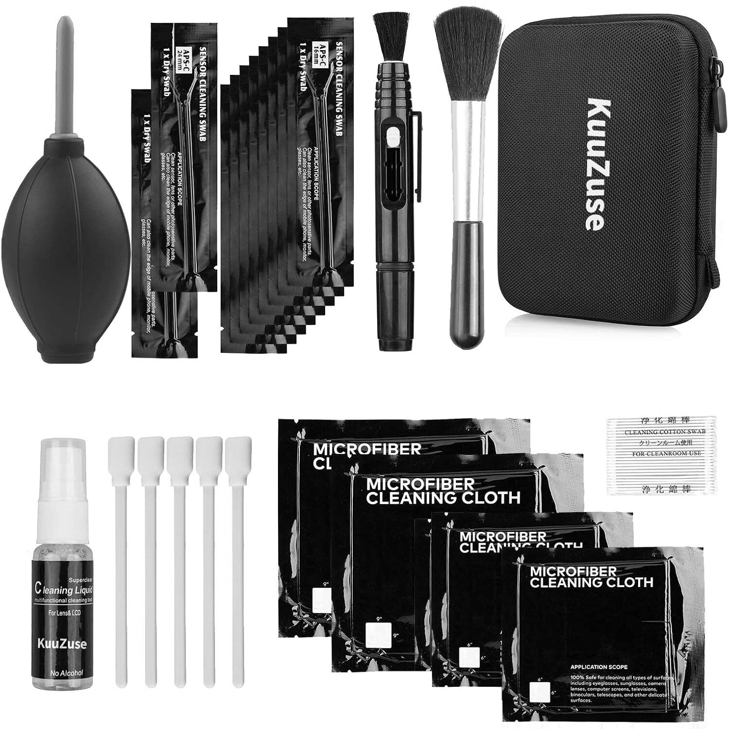 KuuZuse Kamera-Reinigungsset mit APS-C-Sensortupfern, Lens Pen und Tragetasche – Ansicht 1 KuuZuse Kamera-Reinigungsset mit Gebläse, Reinigungsstift, Mikrofasertüchern, Sensortupfern und Tragetasche